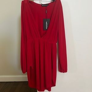 Red slinky plunge dress
